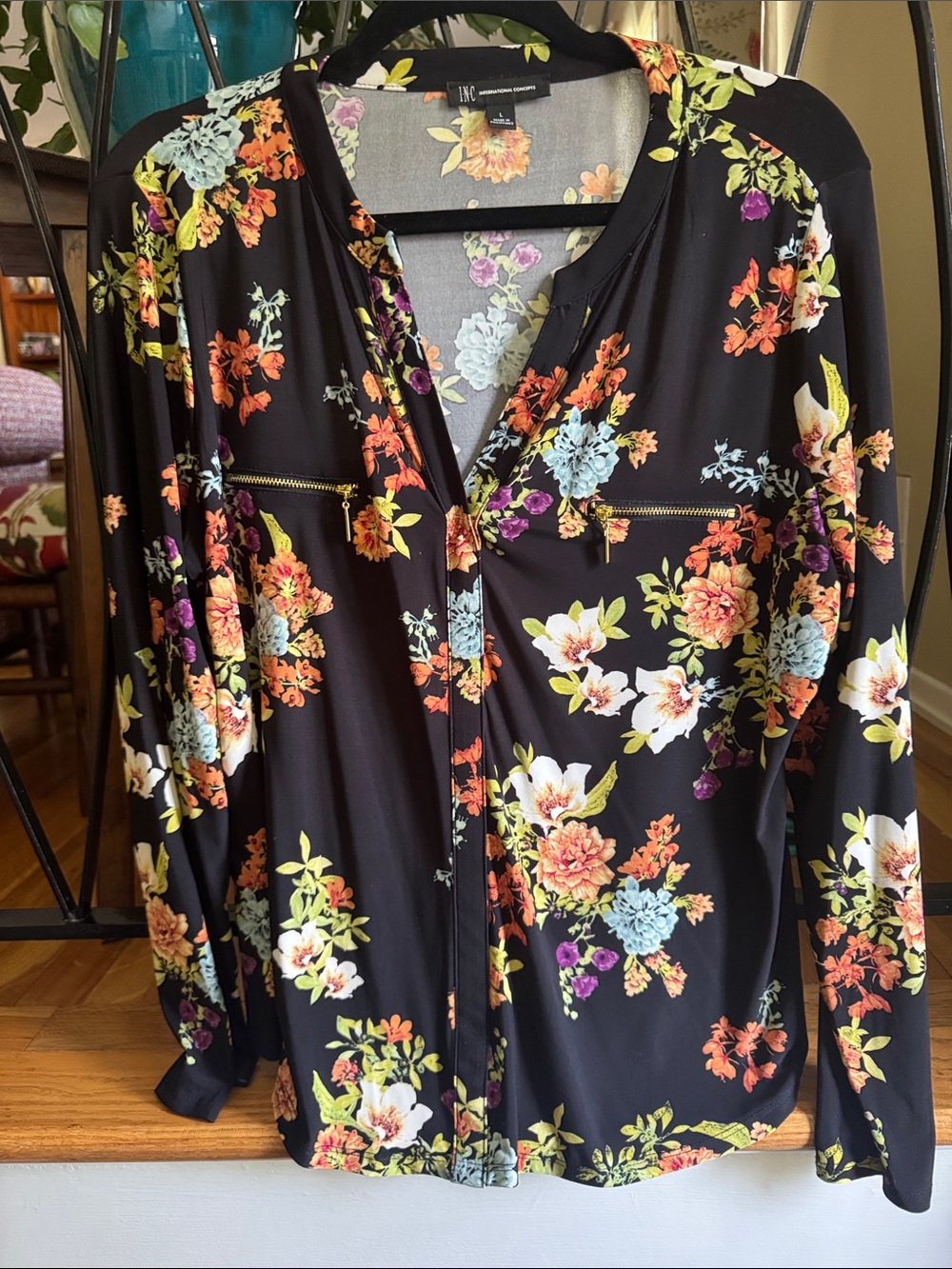 INC International Concepts Black Floral Zip-Front Blouse with Gold Zippers